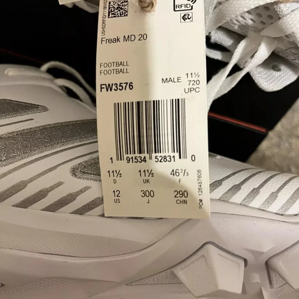 Adidas Freak MD 20 Size 12‎ Football Cleats White Silver FW3576